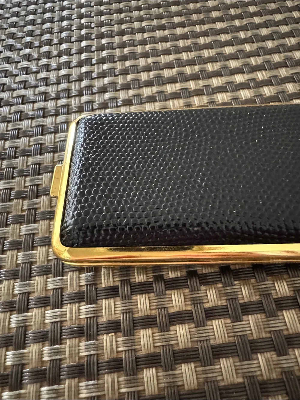 Beautiful Vintage Made In Germany Black Leather and Gold Trim Cigarette Case.